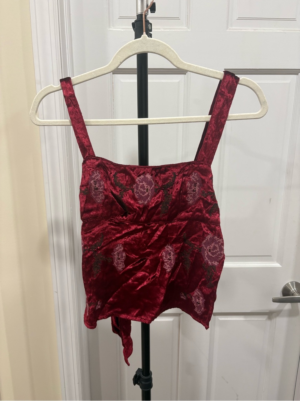 UO Velvet Rose Red Open-Back Top